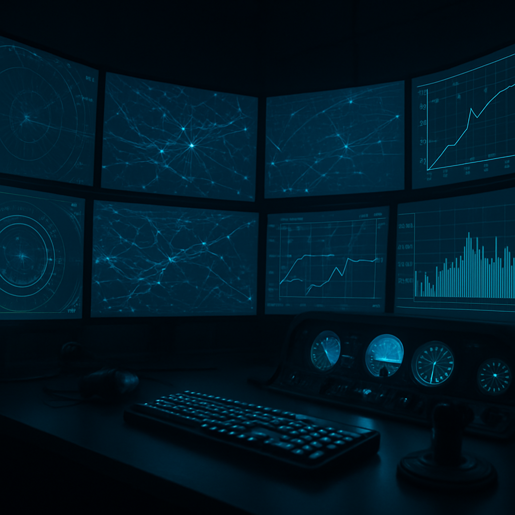 Centro de comando de aviação virtual com múltiplos monitores e rastreamento de voos