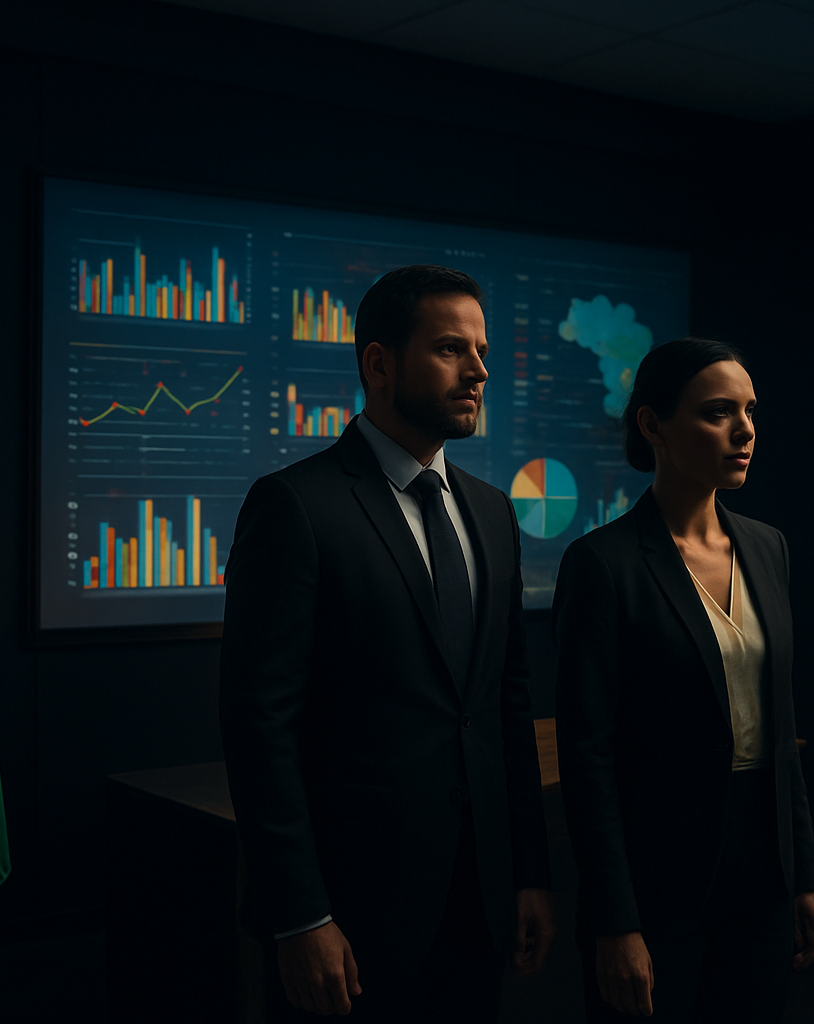 Gabinete político moderno com dashboards digitais — JKS Gabinetes Políticos